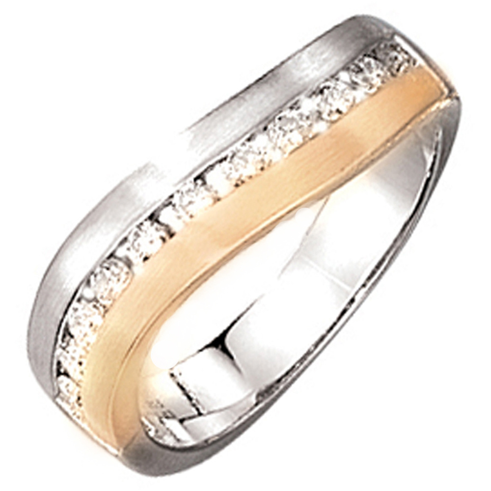 Damen Ring 585 Gold Weißgold Gelbgold bicolor matt 11 Diamanten Brillanten - 56mm