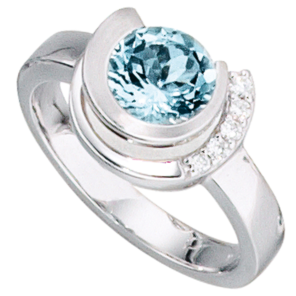 Damen Ring 585 Gold Weißgold 1 Aquamarin hellblau blau 5 Diamanten Brillanten - 60mm