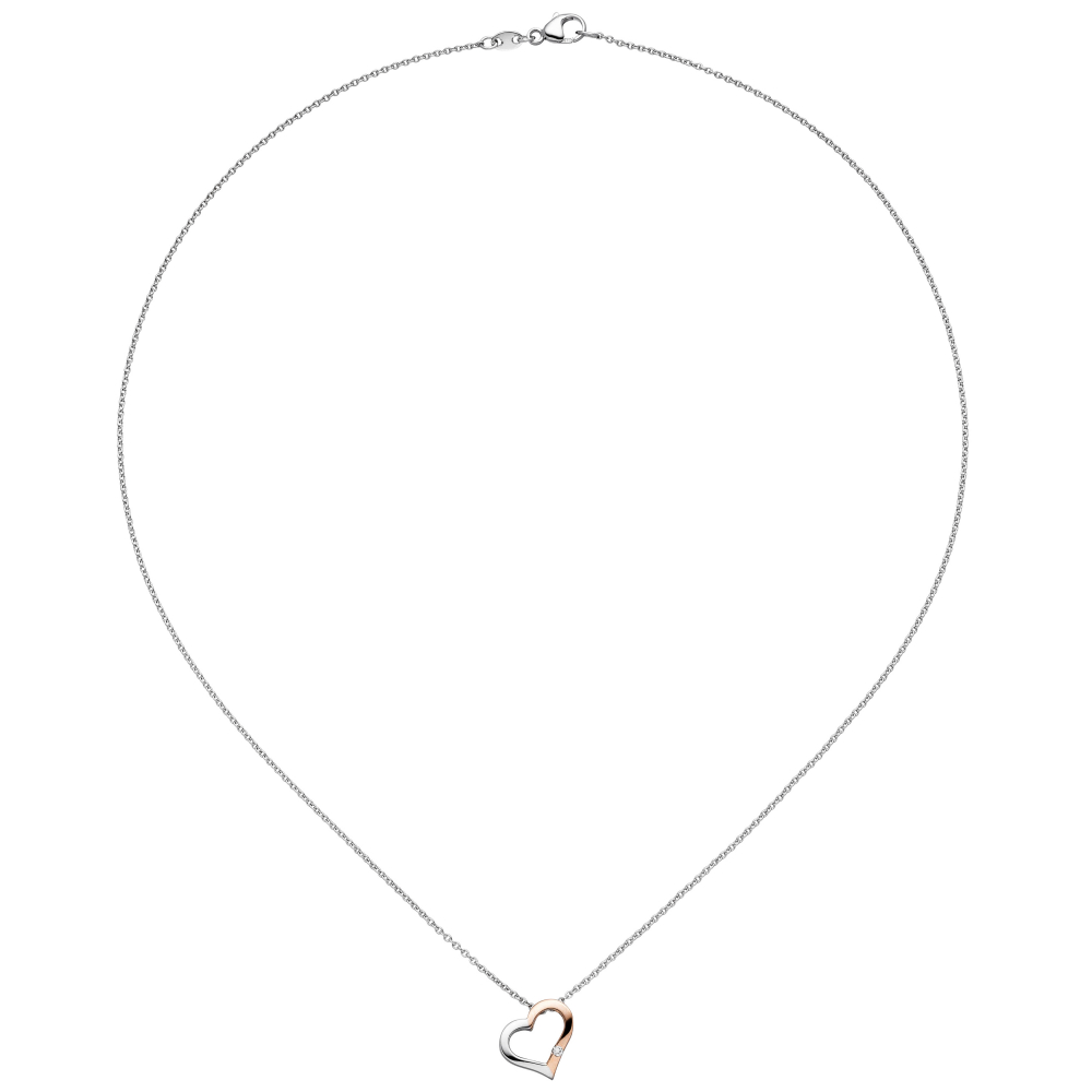 Collier Kette mit Anhänger Herz 585 Gold bicolor 1 Diamant Brillant 42 cm