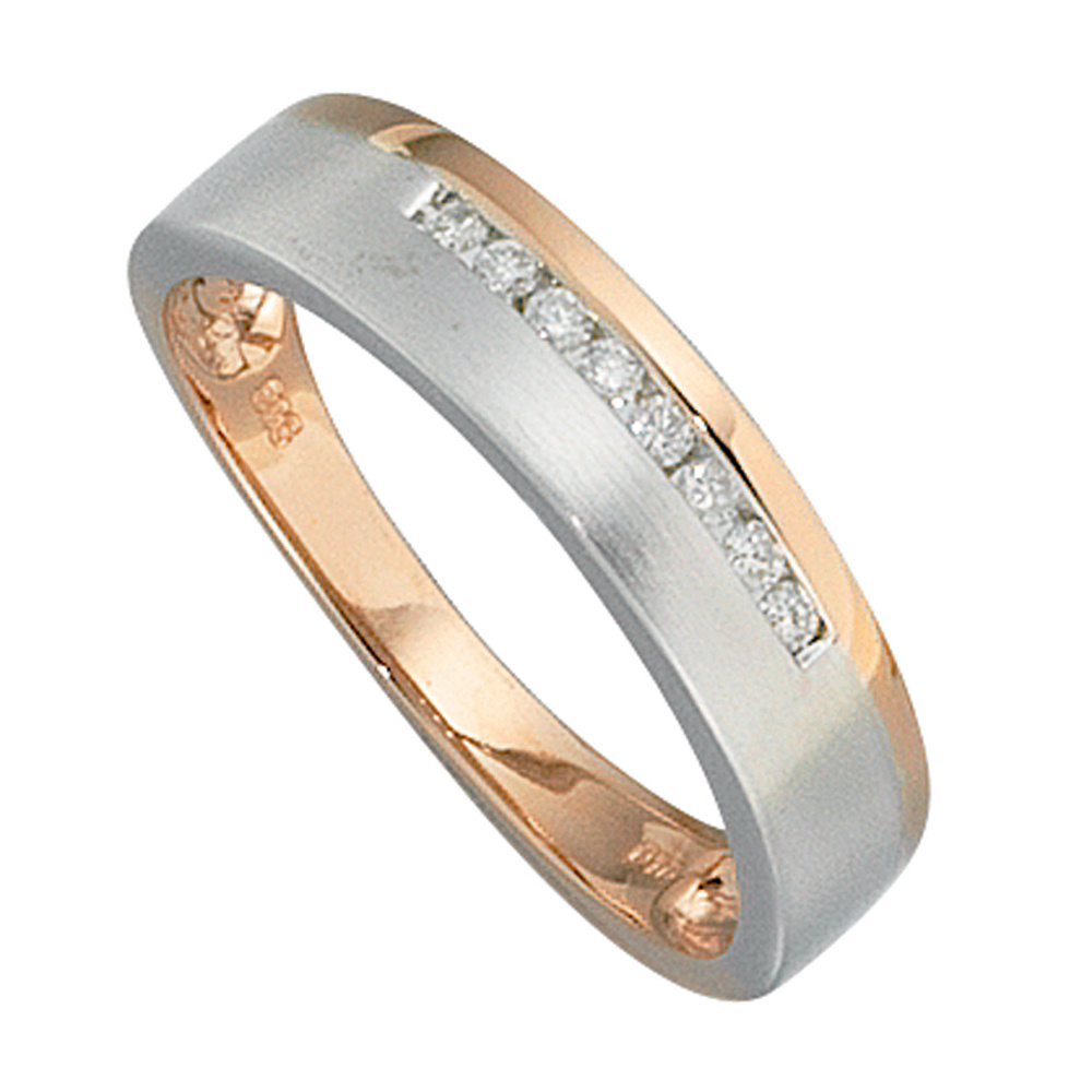 Damen Ring 585 Gold Rotgold Weißgold bicolor teilmatt 8 Diamanten Brillanten - 50mm