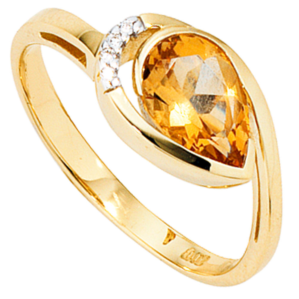 Damen Ring 585 Gold Gelbgold 1 Citrin orange 4 Diamanten Brillanten Citrinring - 54mm