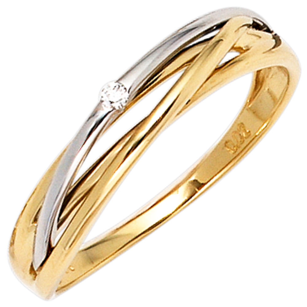 Damen Ring 585 Gold Gelbgold Weißgold bicolor 1 Diamant Brillant 0,02ct. - 60mm