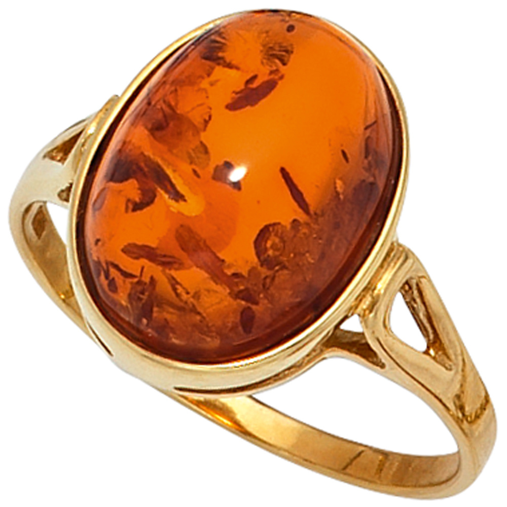 Damen Ring 375 Gold Gelbgold 1 Bernstein-Cabochon orange Bernsteinring Goldring - 50mm