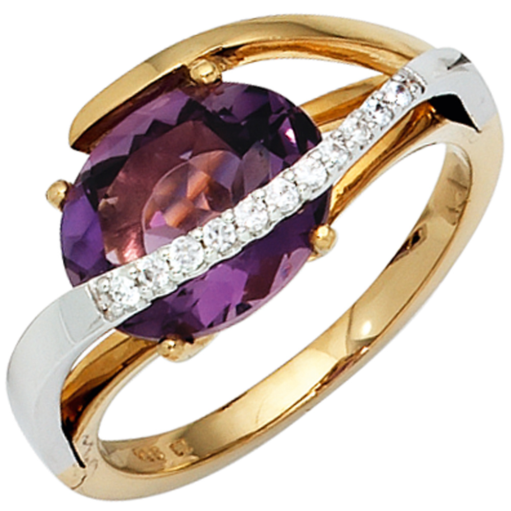 Damen Ring 585 Gold bicolor 11 Diamanten Brillanten 1 Amethyst lila violett - 58mm