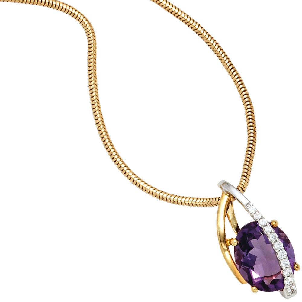 Anhänger 585 Gold Gelbgold Weißgold 11 Diamanten Brillanten 1 Amethyst violett