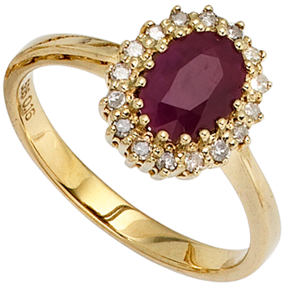 Damen Ring 585 Gold Gelbgold 1 Rubin rot 16 Diamanten 0,16ct. Goldring - 60mm