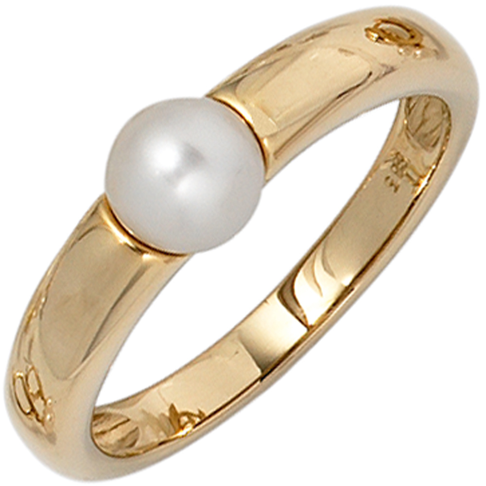 Damen Ring 585 Gold Gelbgold 1 Süßwasser Perle Goldring Perlenring - 58mm