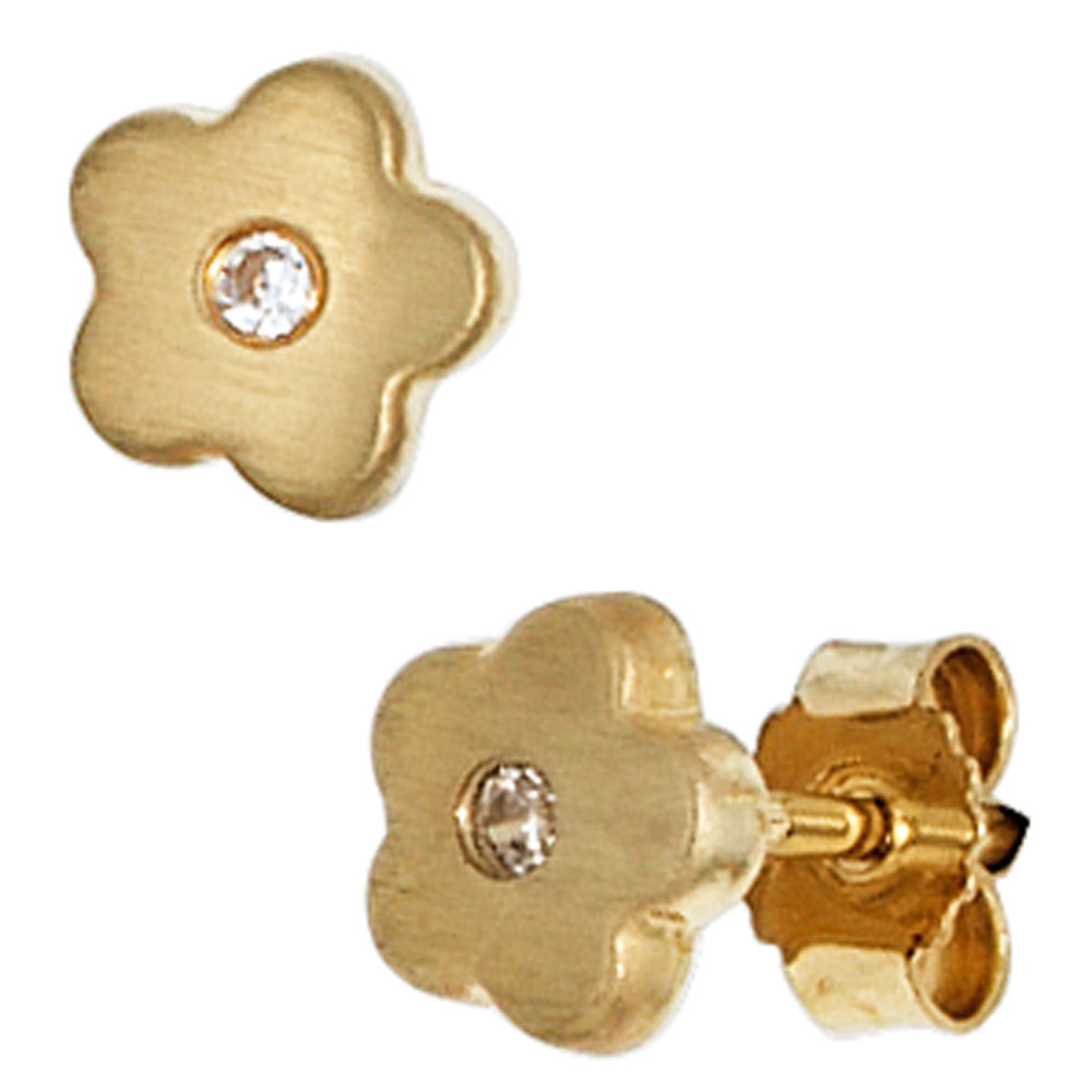 Kinder Ohrstecker Blume Blumen 333 Gold Gelbgold mattiert 2 Zirkonia Ohrringe