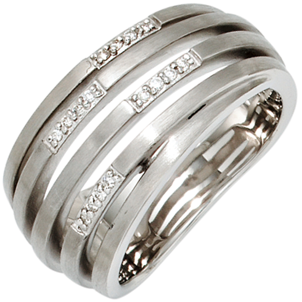 Damen Ring breit 925 Sterling Silber rhodiniert matt 16 Diamanten Brillanten - 58mm