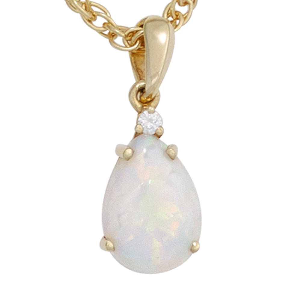 Anhänger Tropfen 585 Gold Gelbgold 1 Opal 1 Diamant Brillant Opalanhänger