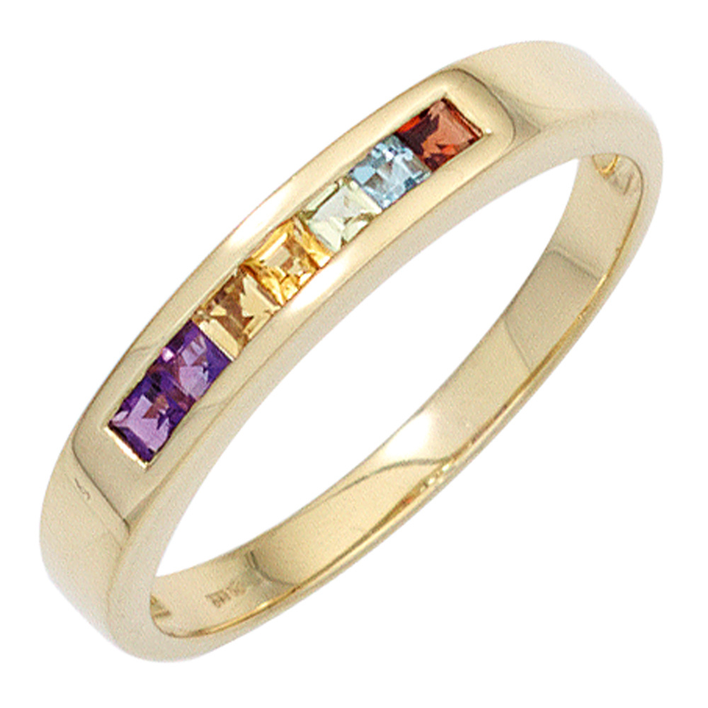 Damen Ring 585 Gelbgold 2 Amethyste 2 Citrine 1 Granat 1 Peridot 1 Blautopas - 54mm