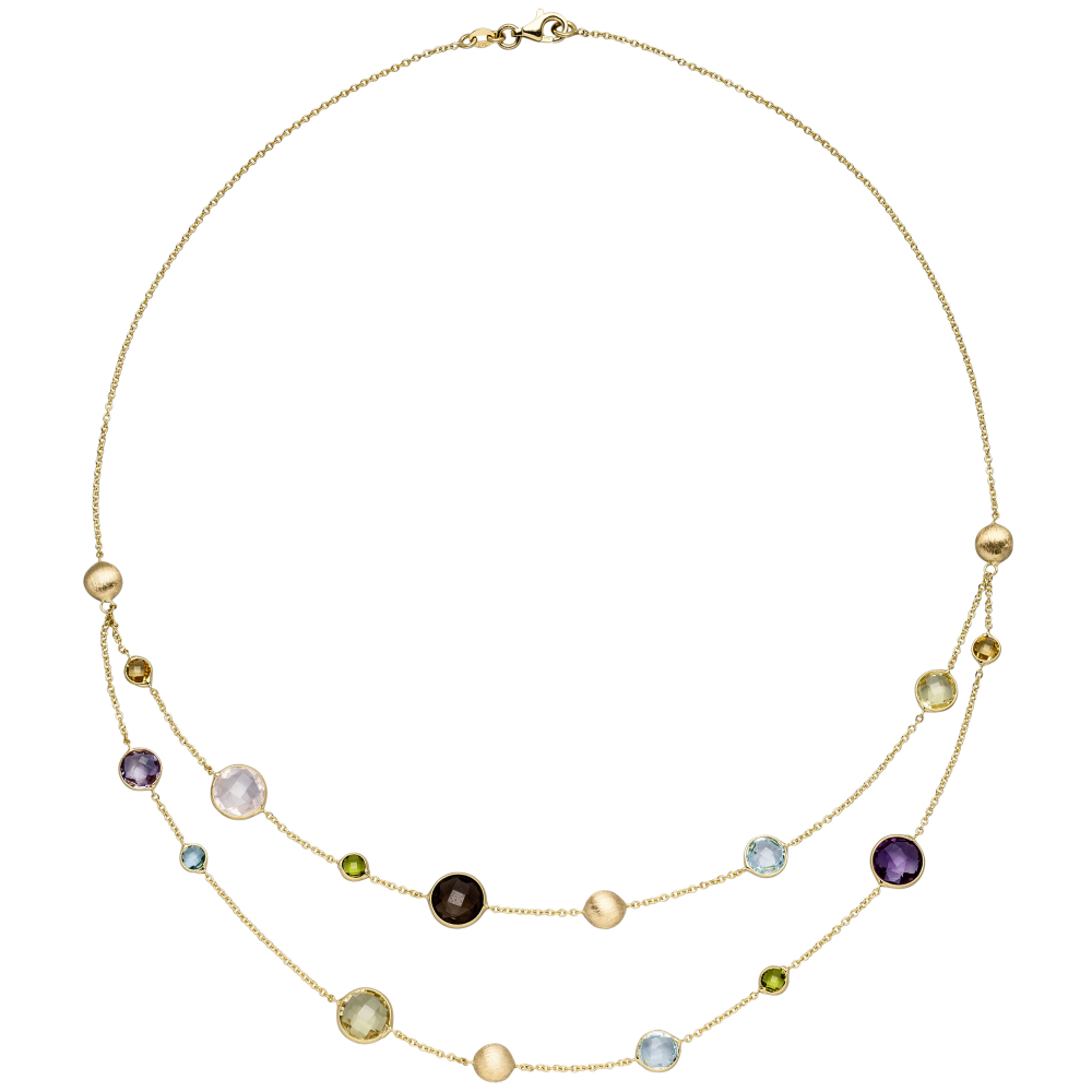 Collier Halskette 585 Gold Gelbgold mit verschiedenen bunten Edelsteinen 45 cm