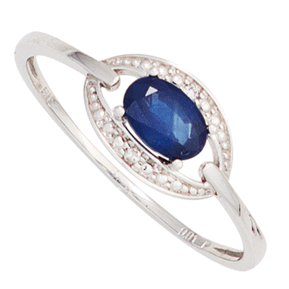 Damen Ring 585 Gold Weißgold 1 Safir blau 2 Diamanten Brillanten Goldring - 56mm