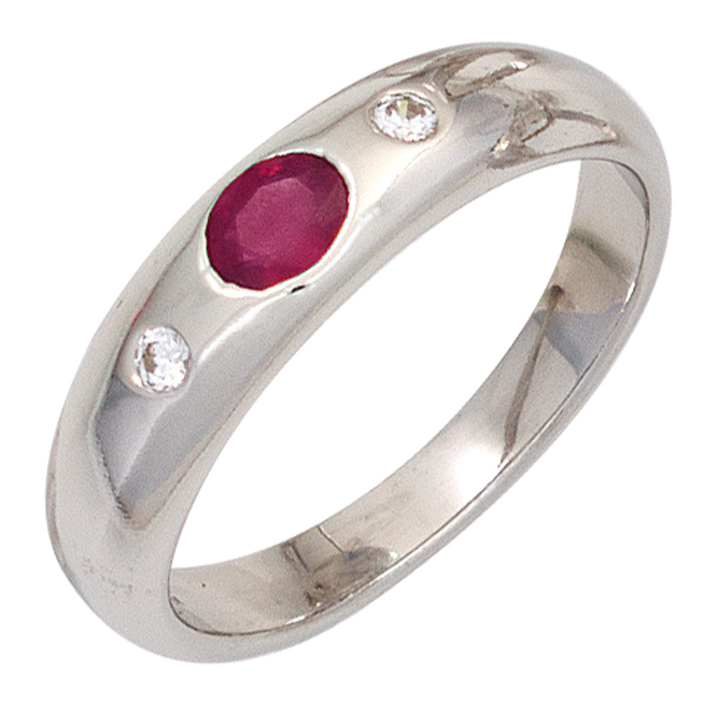 Damen Ring 925 Sterling Silber rhodiniert 1 Rubin rot 2 Zirkonia Silberring - 56mm