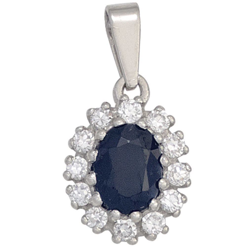 Anhänger 925 Sterling Silber rhodiniert 12 Zirkonia 1 Safir blau