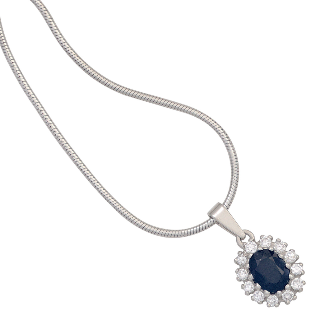 Anhänger 925 Sterling Silber rhodiniert 12 Zirkonia 1 Safir blau