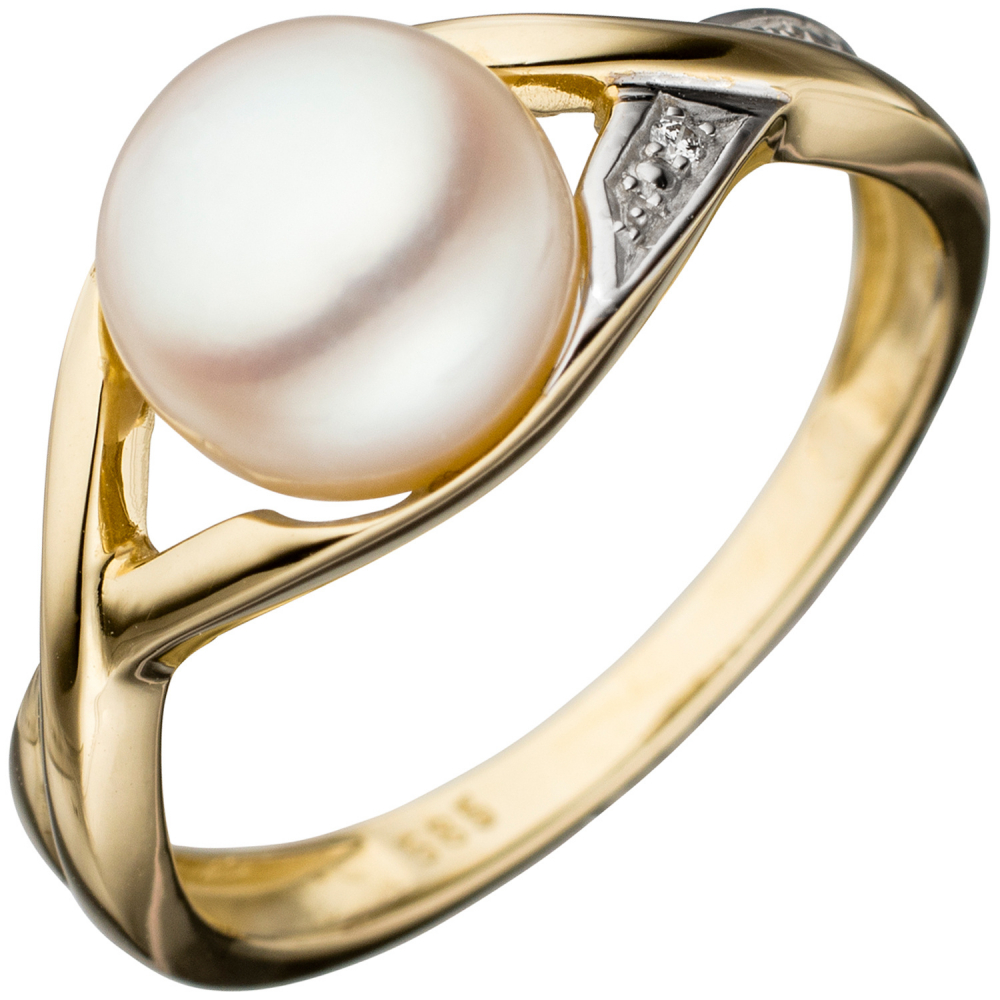 Damen Ring 585 Gold Gelbgold bicolor 1 Süßwasser Perle Goldring Perlenring - 50mm