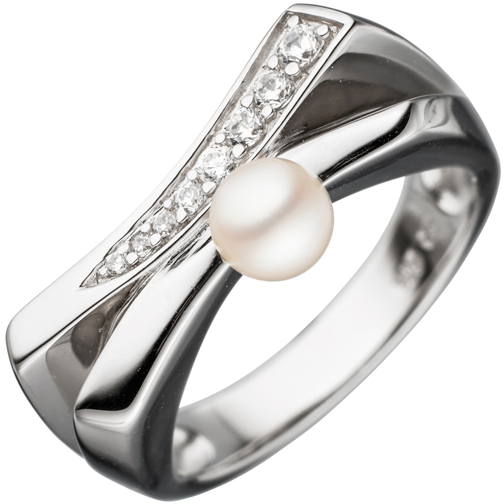 Damen Ring 925 Sterling Silber 1 Süßwasser Perle mit Zirkonia Perlenring - 52mm