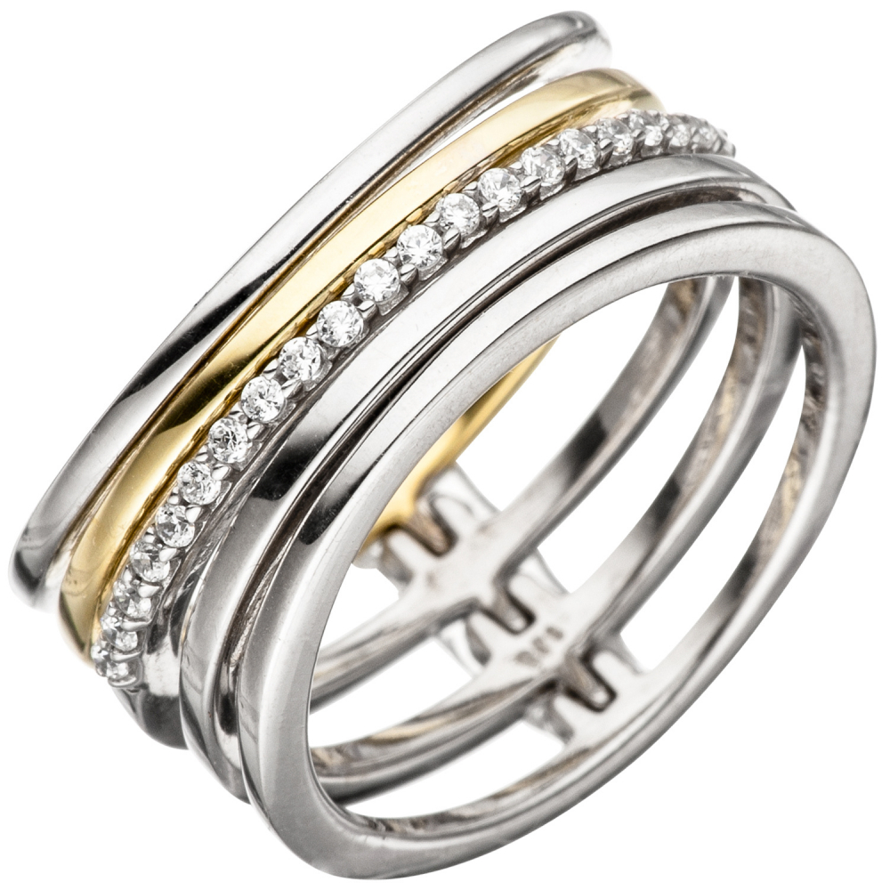 Damen Ring mehrreihig breit 925 Silber bicolor vergoldet mit Zirkonia Silberring - 56mm