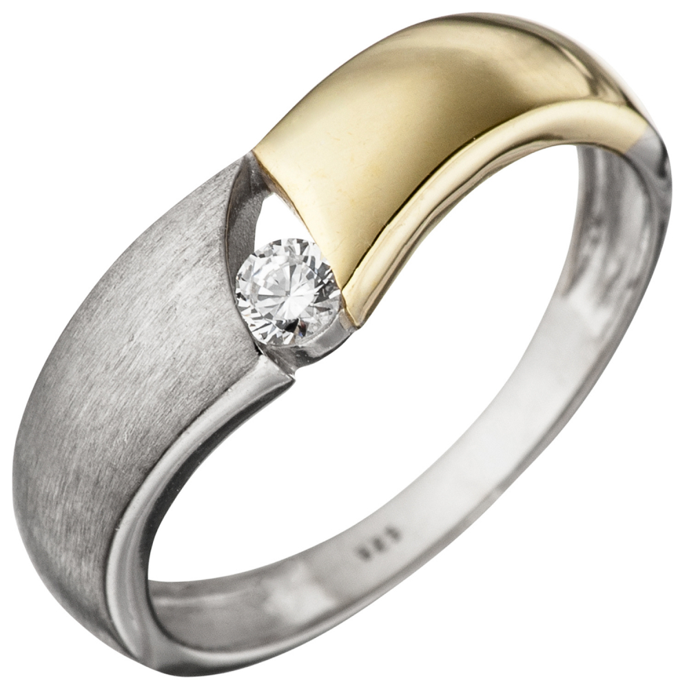 Damen Ring 925 Sterling Silber bicolor vergoldet matt 1 Zirkonia Silberring - 60mm