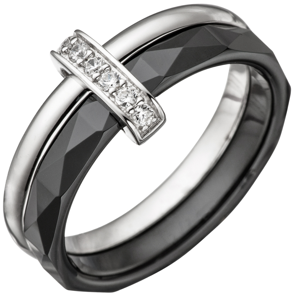 Damen Ring 925 Sterling Silber mit Zirkonia und Keramik schwarz Keramikring - 64mm