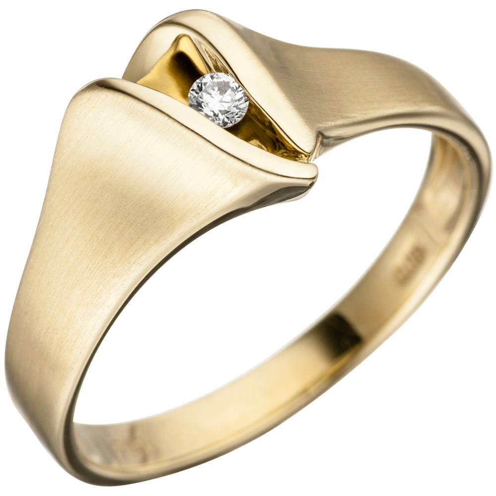 Damen Ring 585 Gold Gelbgold matt 1 Diamant Brillant Goldring Diamantring - 60mm