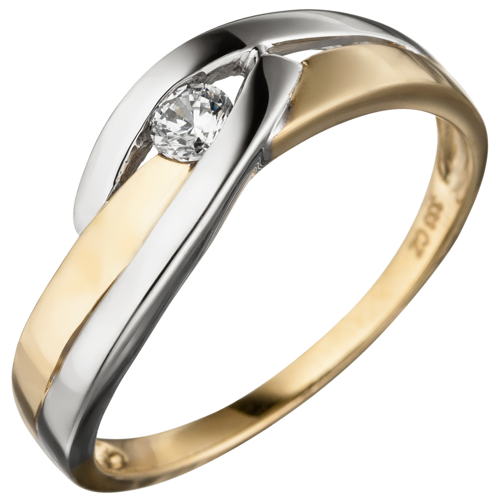 Damen Ring 333 Gold Gelbgold bicolor 1 Zirkonia Goldring - 52mm