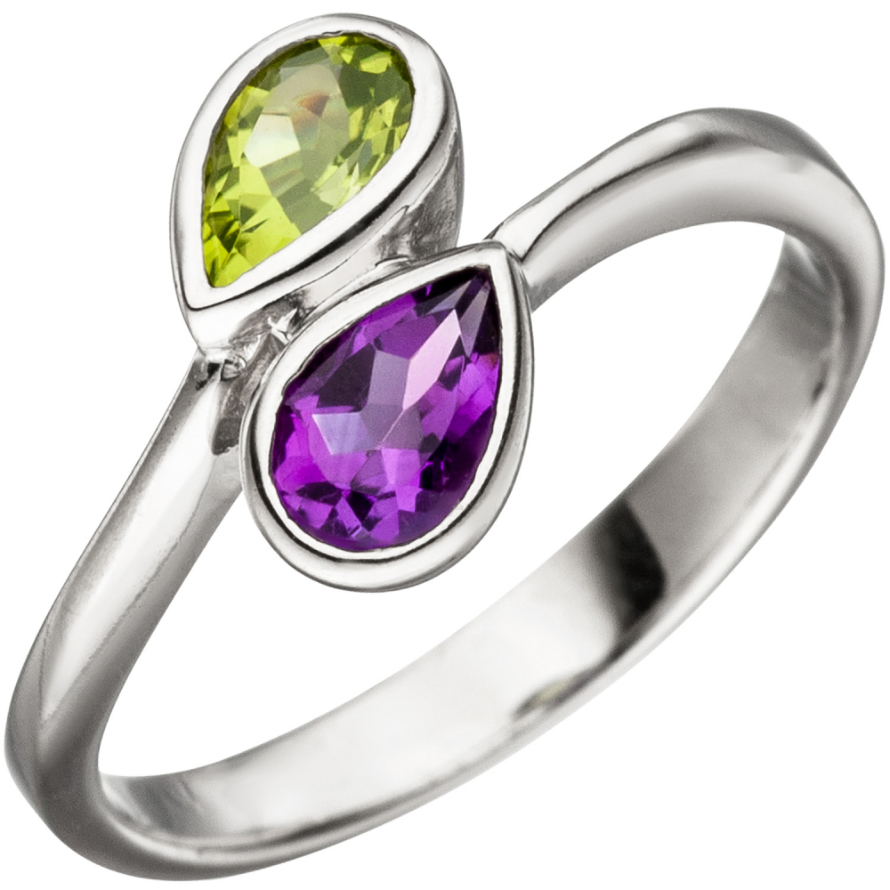 Damen Ring 925 Sterling Silber 1 Amethyst lila violett 1 Peridot grün Silberring - 60mm