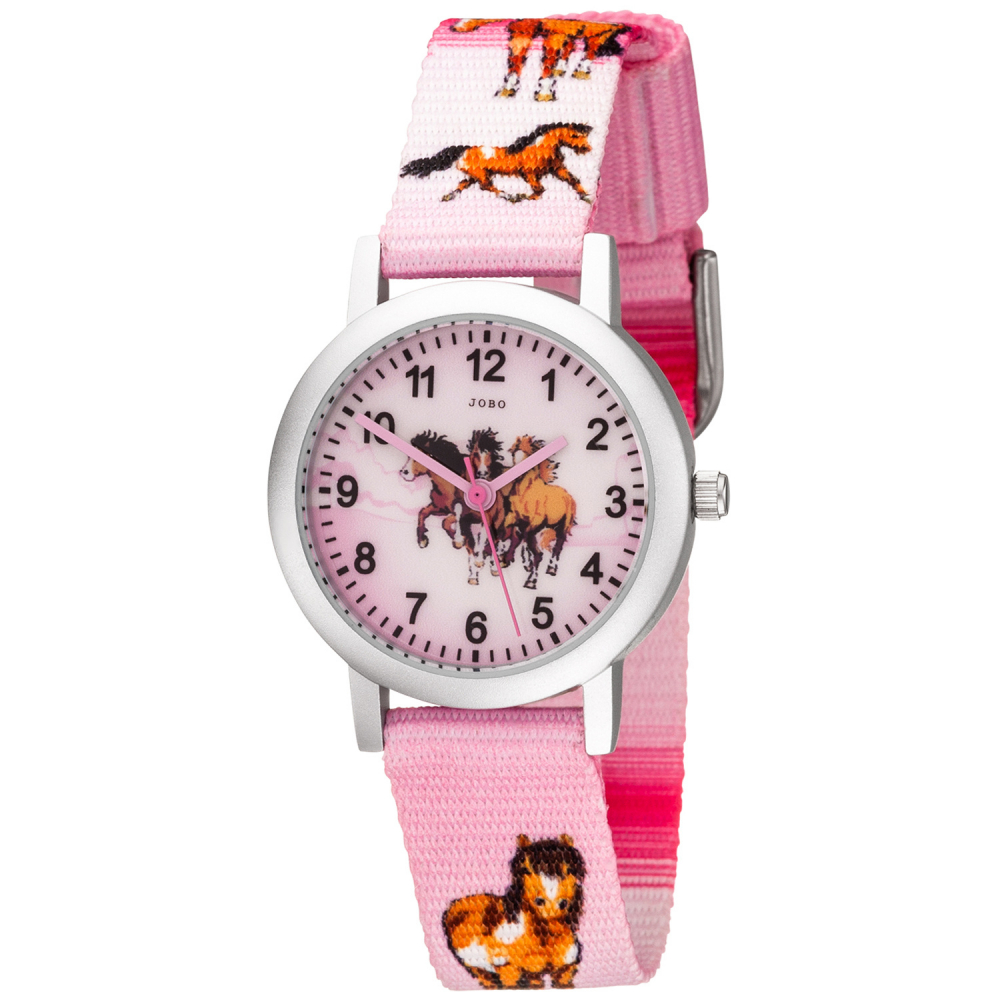 JOBO Kinder Armbanduhr Pferde rosa pink Aluminium Kinderuhr Pferdeuhr Mädchenuhr