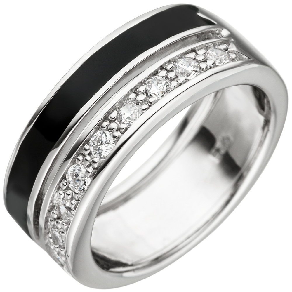 Damen Ring 925 Sterling Silber 9 Zirkonia schwarze Lackeinlage Silberring - 60mm