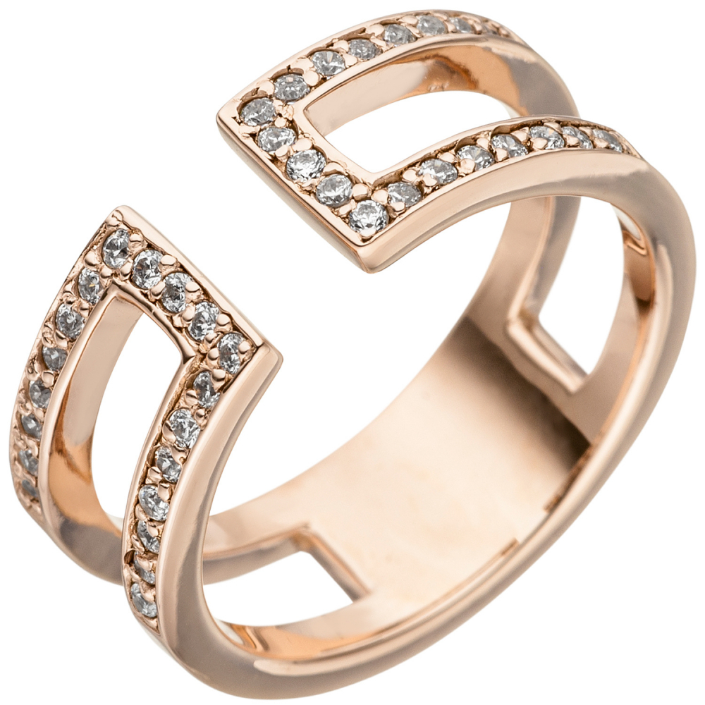 Damen Ring 2-reihig offen 925 Sterling Silber rotgold vergoldet 38 Zirkonia - 56mm