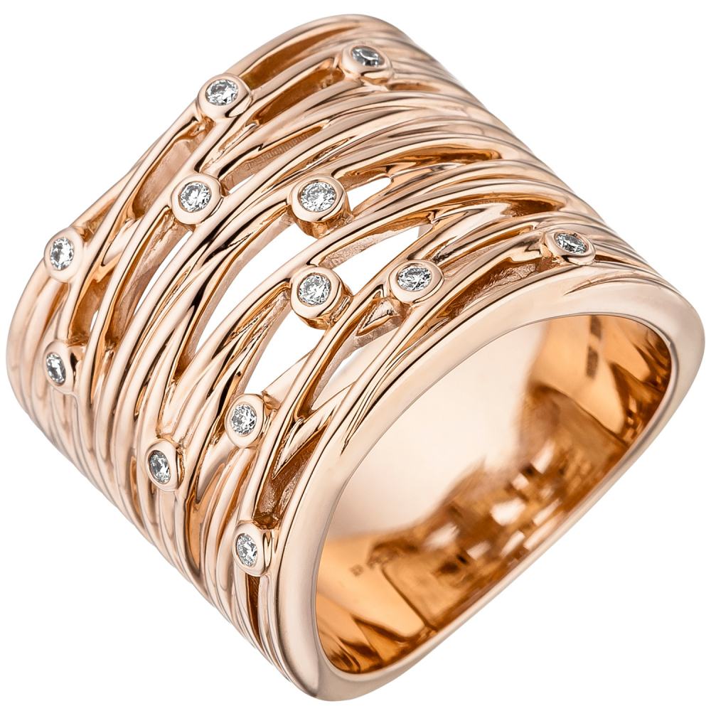 Damen Ring breit 585 Gold Rotgold 12 Diamanten Brillanten 0,14ct. Rotgoldring - 60mm