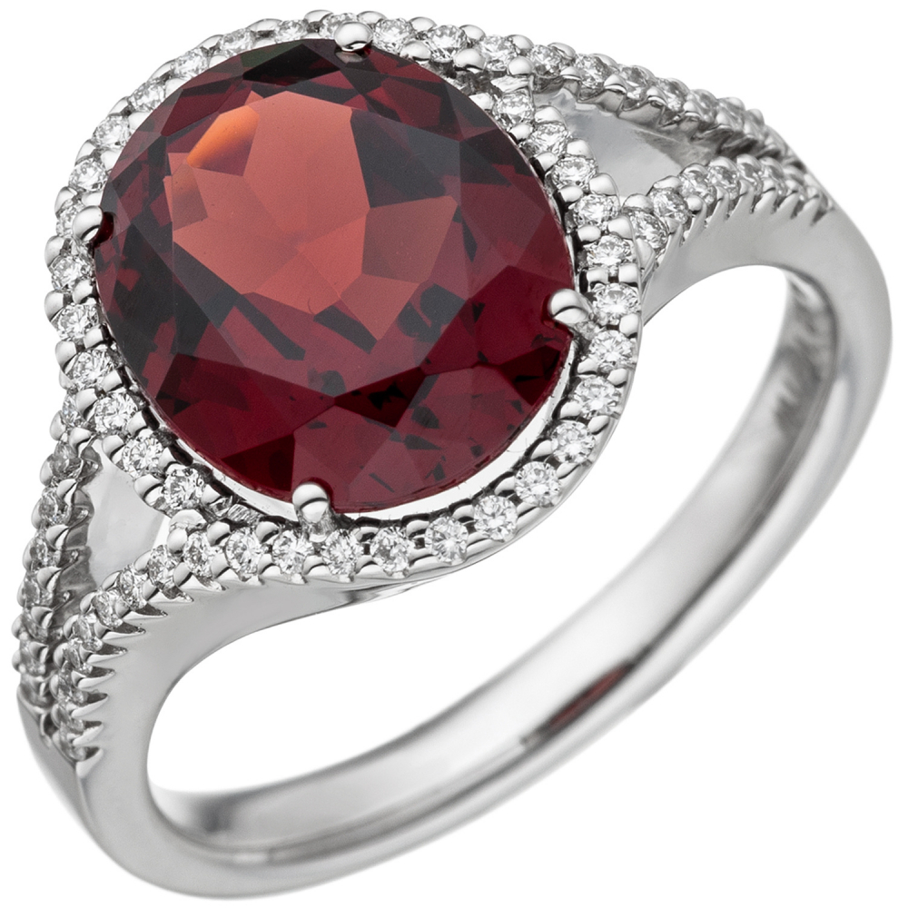 Damen Ring 585 Gold Weißgold 1 Granat rot 66 Diamanten Brillanten Granatring - 58mm