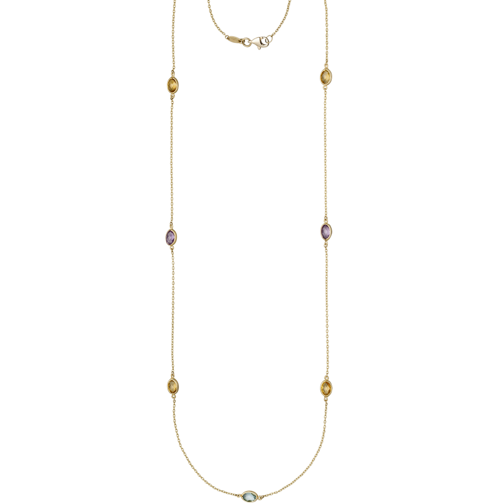 Halskette Kette lang 585 Gold Gelbgold Citrine Blautopase Amethyste 90 cm