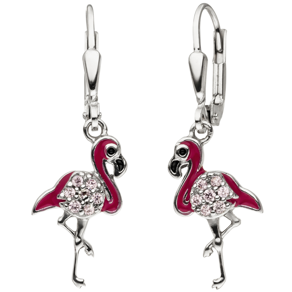 Kinder Ohrhänger Flamingo pink 925 Silber 14 Zirkonia Ohrringe Kinderohrringe