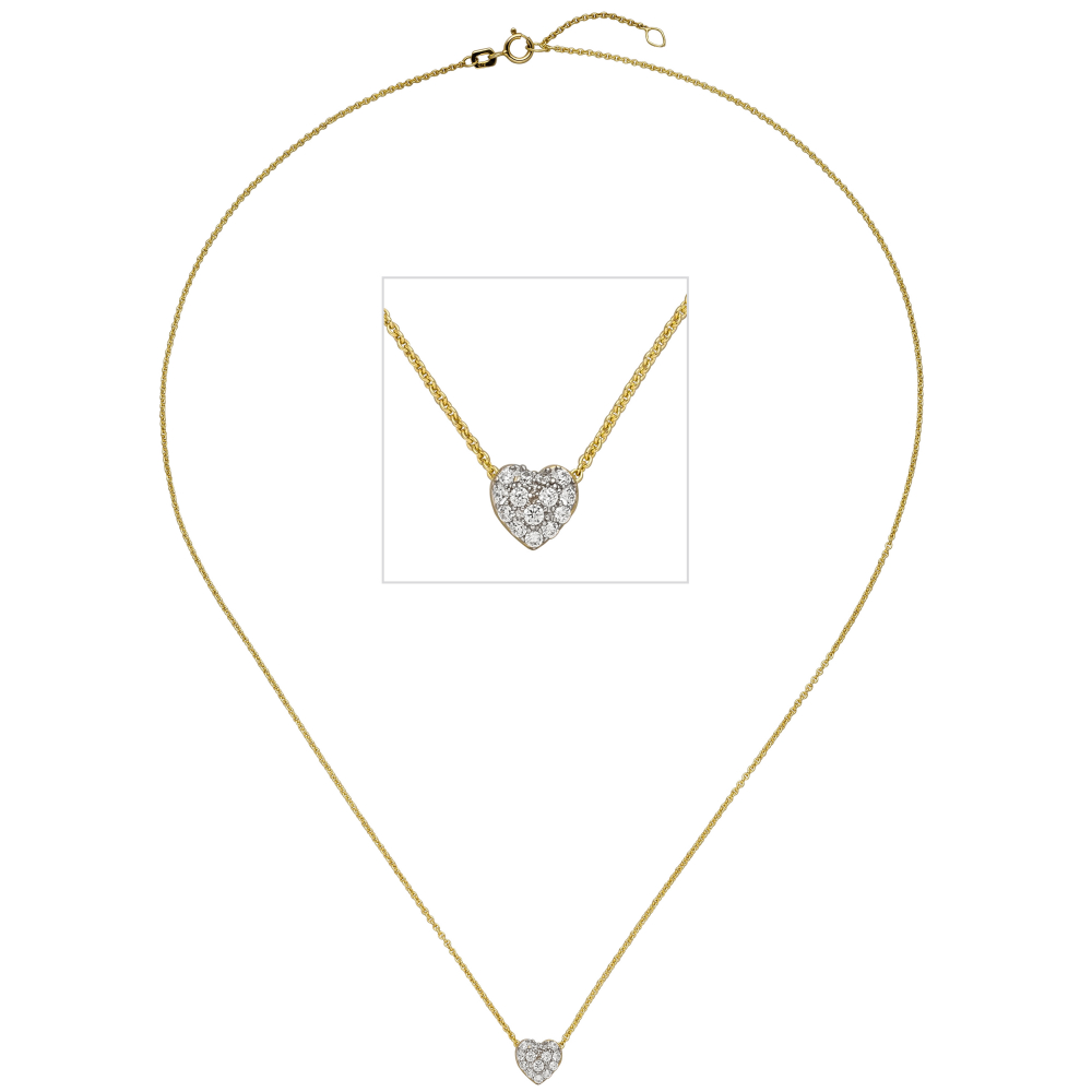 Collier Kette mit Anhänger Herz 375 Gold Gelbgold bicolor 14 Zirkonia 45 cm