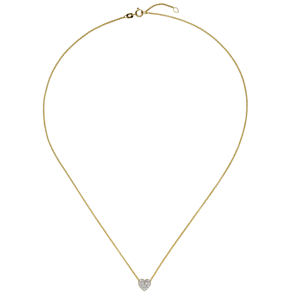 Collier Kette mit Anhänger Herz 375 Gold Gelbgold bicolor 14 Zirkonia 45 cm