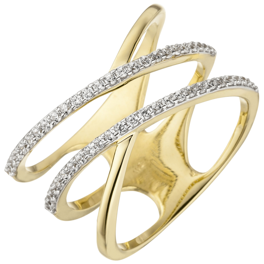 Damen Ring breit mehrreihig 375 Gold Gelbgold 52 Zirkonia Goldring - 50mm