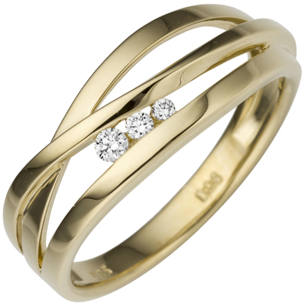 Damen Ring breit 585 Gold Gelbgold 3 Diamanten Brillanten 0,08ct. Goldring - 60mm