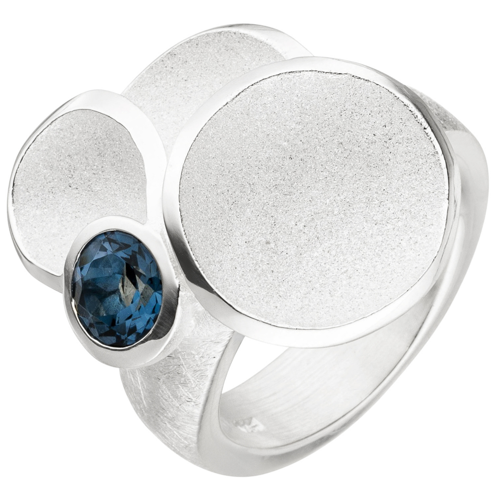 Damen Ring 925 Sterling Silber matt eismatt 1 Blautopas blau - 60mm