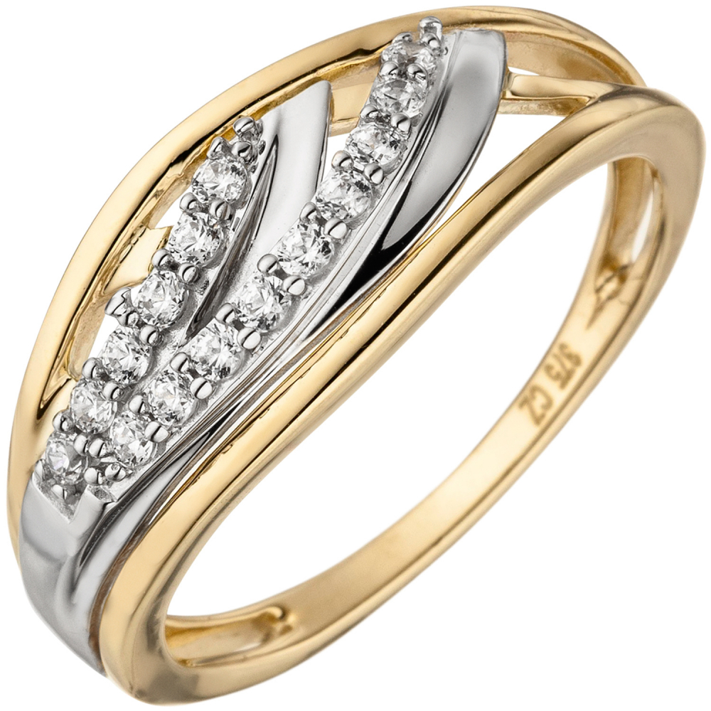 Damen Ring 375 Gold Gelbgold bicolor 15 Zirkonia Goldring - 56mm