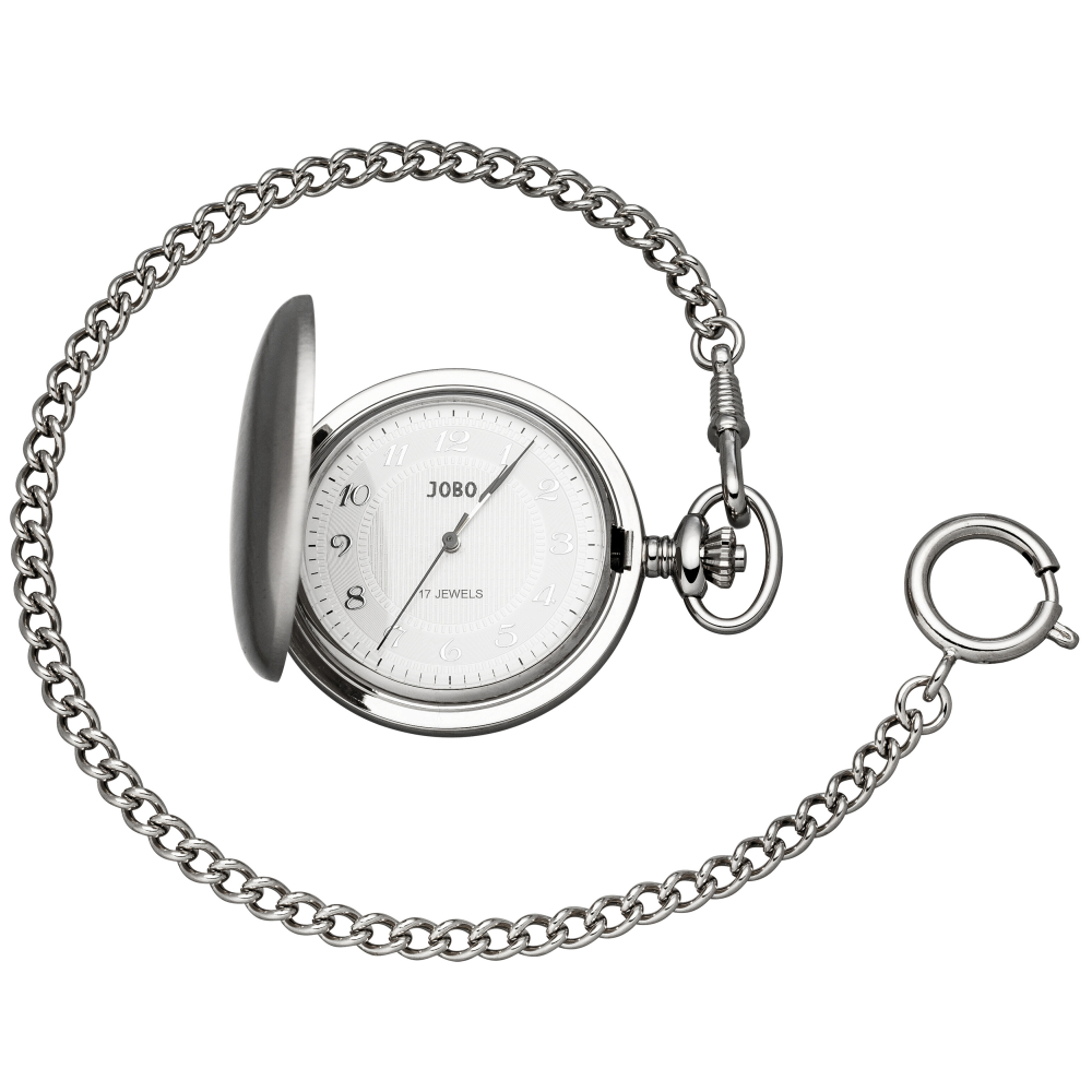 JOBO Taschenuhr mit Kette Handaufzug verchromt mit Sprung-Deckel