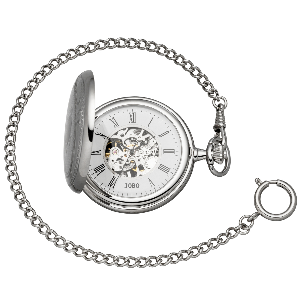 JOBO Taschenuhr Skelett mit Kette Handaufzug verchromt 2 Sprung-Deckel