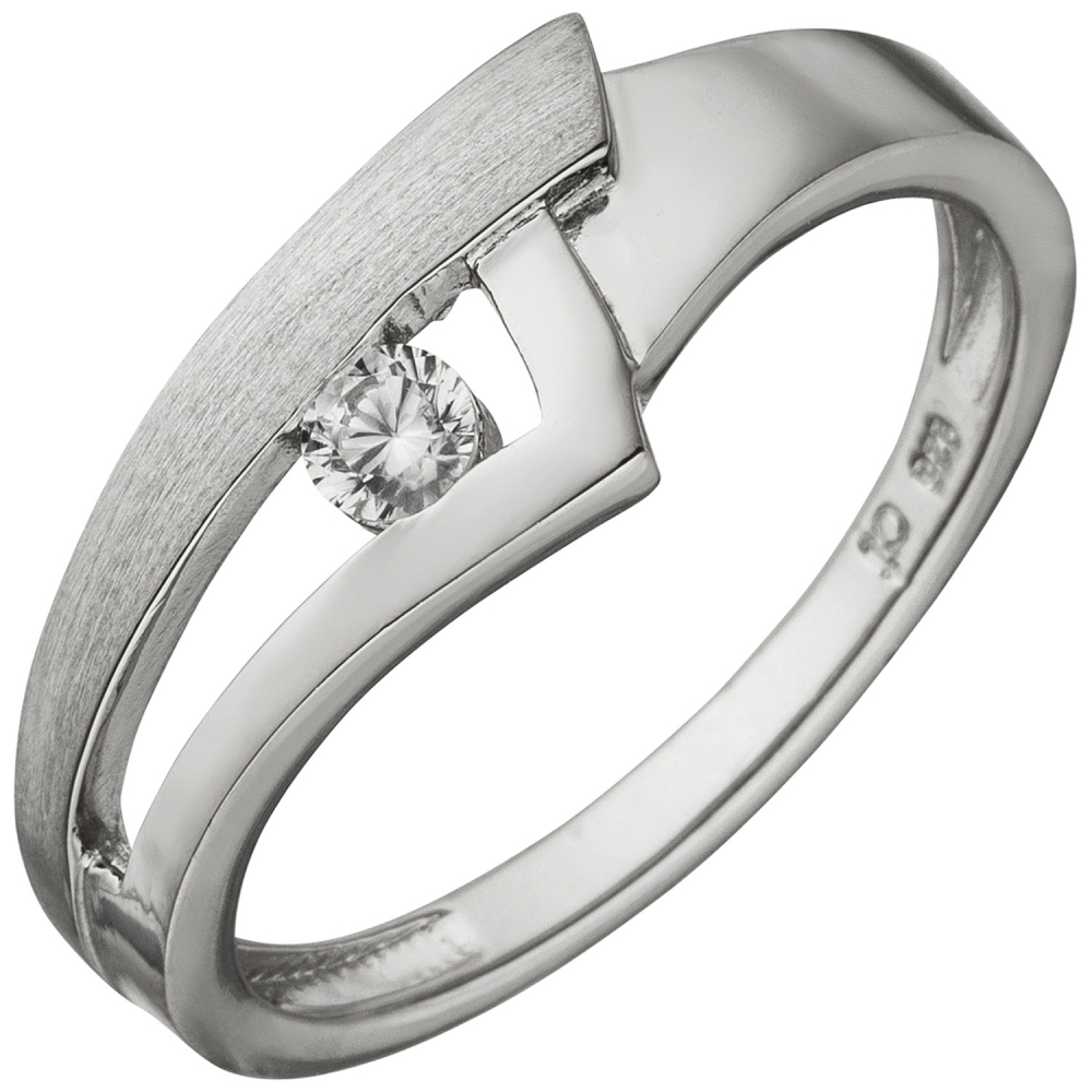 Damen Ring 925 Sterling Silber teil matt 1 Zirkonia Silberring - 56mm