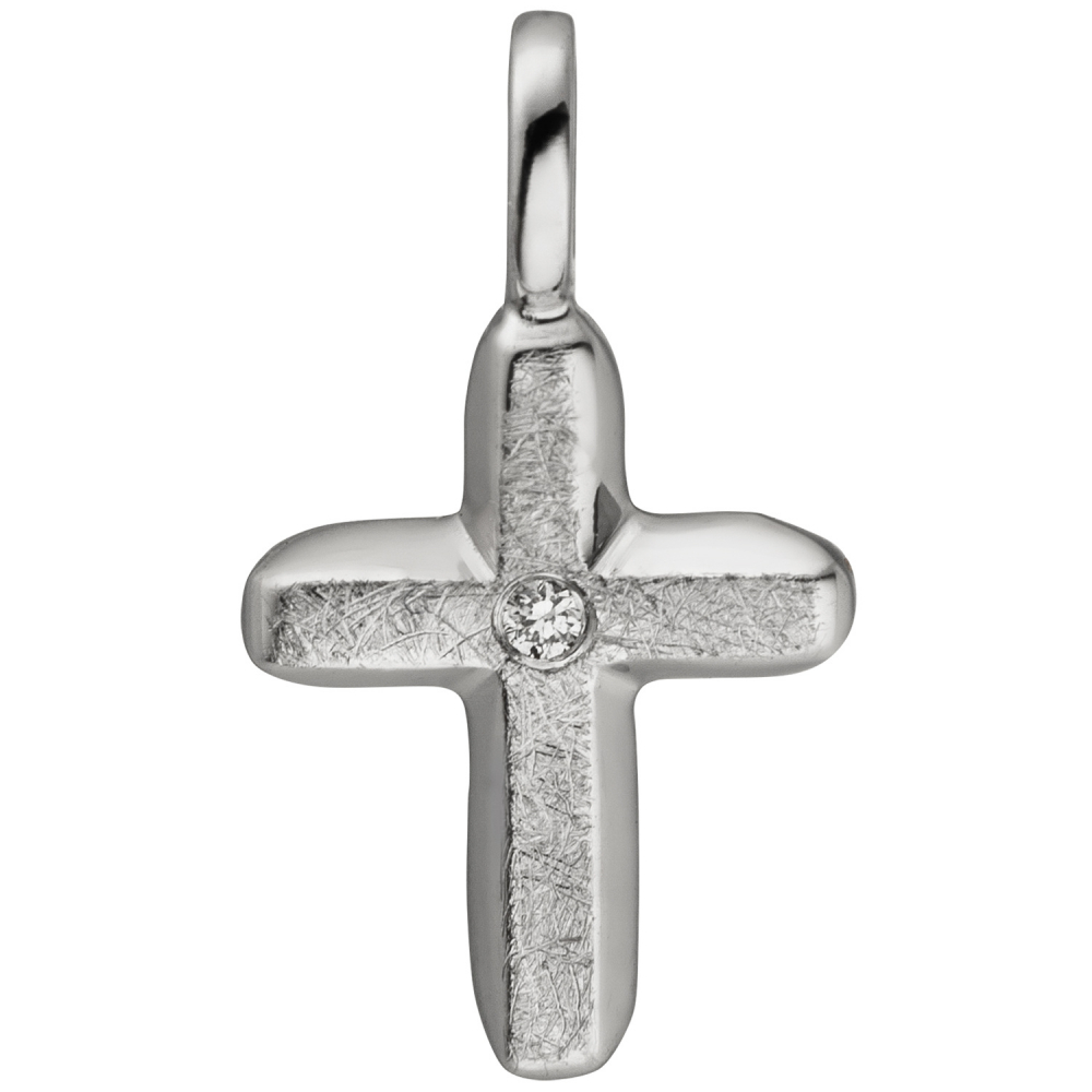 Anhänger Kreuz 585 Gold Weißgold eismatt 1 Diamant Brillant Kreuzanhänger