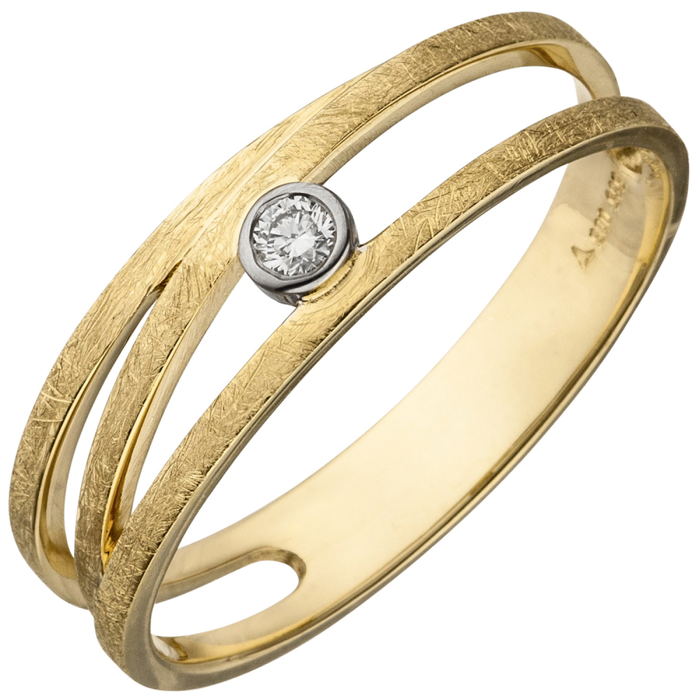 Damen Ring 585 Gold Gelbgold bicolor eismatt 1 Diamant Brillant Diamantring - 60mm