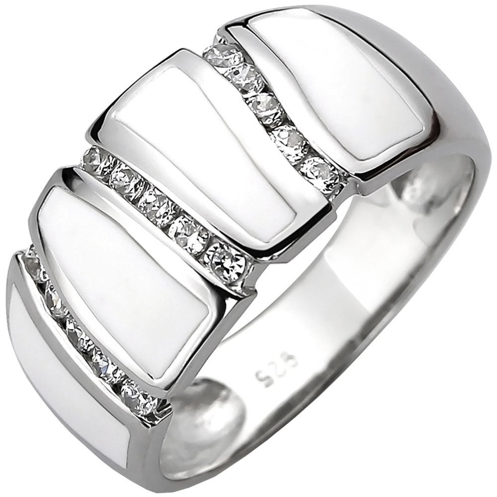 Damen Ring 925 Sterling Silber 15 Zirkonia und weiße Emaille-Einlage - 52mm