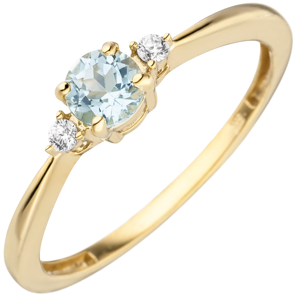 Damen Ring schmal 333 Gold Gelbgold 1 Blautopas hellblau blau 2 Zirkonia - 52mm