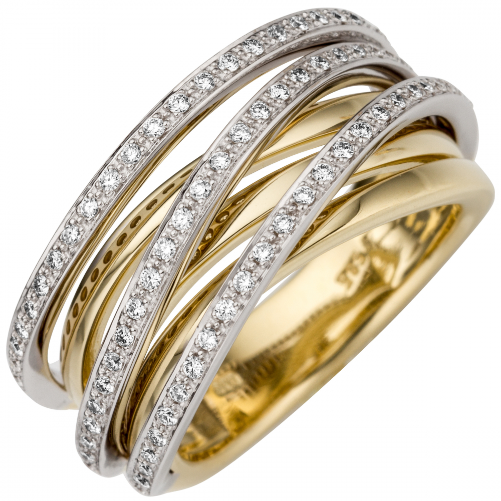 Damen Ring breit 585 Gold Gelbgold Weißgold bicolor 78 Diamanten Brillanten - 58mm