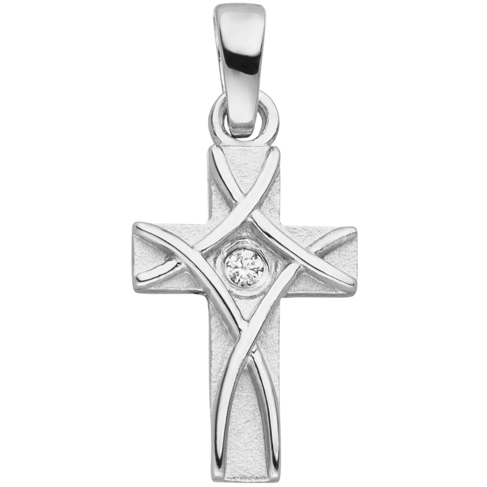 Anhänger Kreuz 925 Silber mattiert 1 Zirkonia Kreuzanhänger